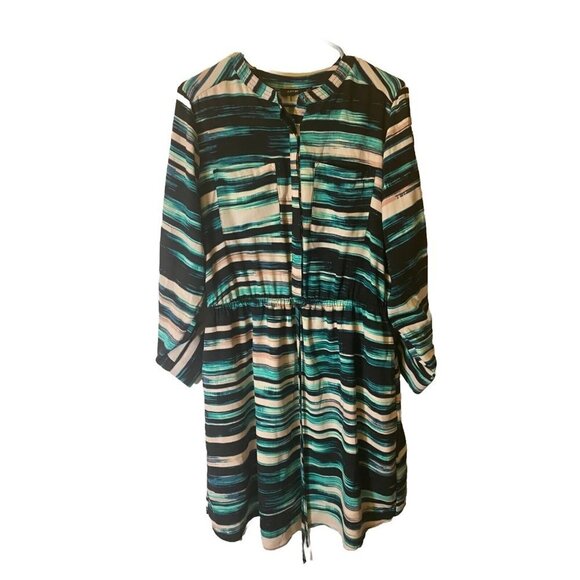 Apt 9 womens Size 14 Large Dress Green White Stripe Midi long Sleeve Career - Picture 1 of 2